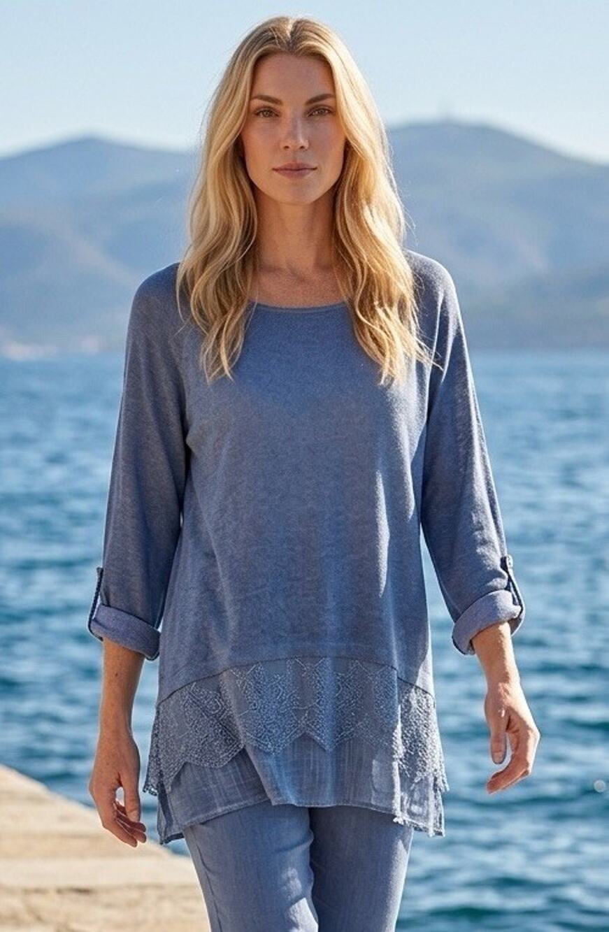 Ali Miles Size L Blue Layer Lace Trim Tunic Sweater Top Roll Tab Sleeve
